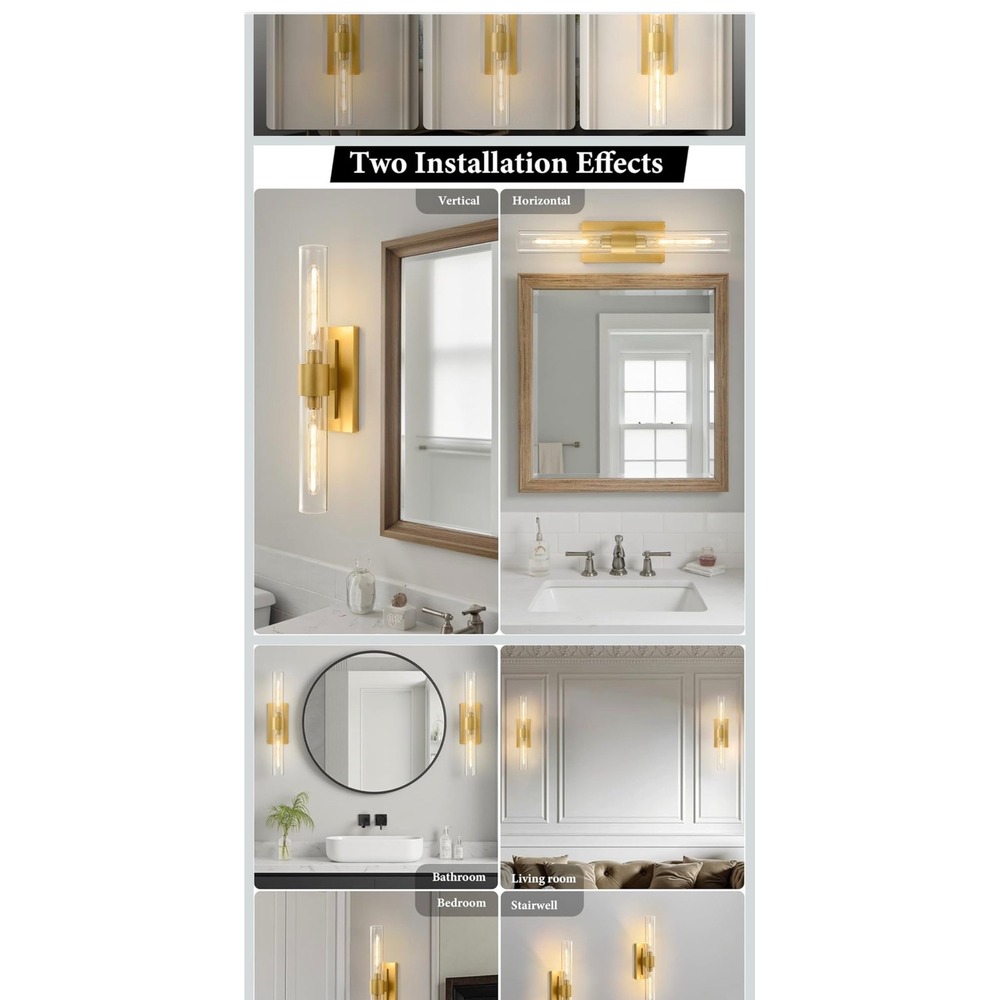 Champagne Brass Wall Sconces (2) Clear Glass Tube Vanity Lights Bathroom Hallway - Picture 9 of 16